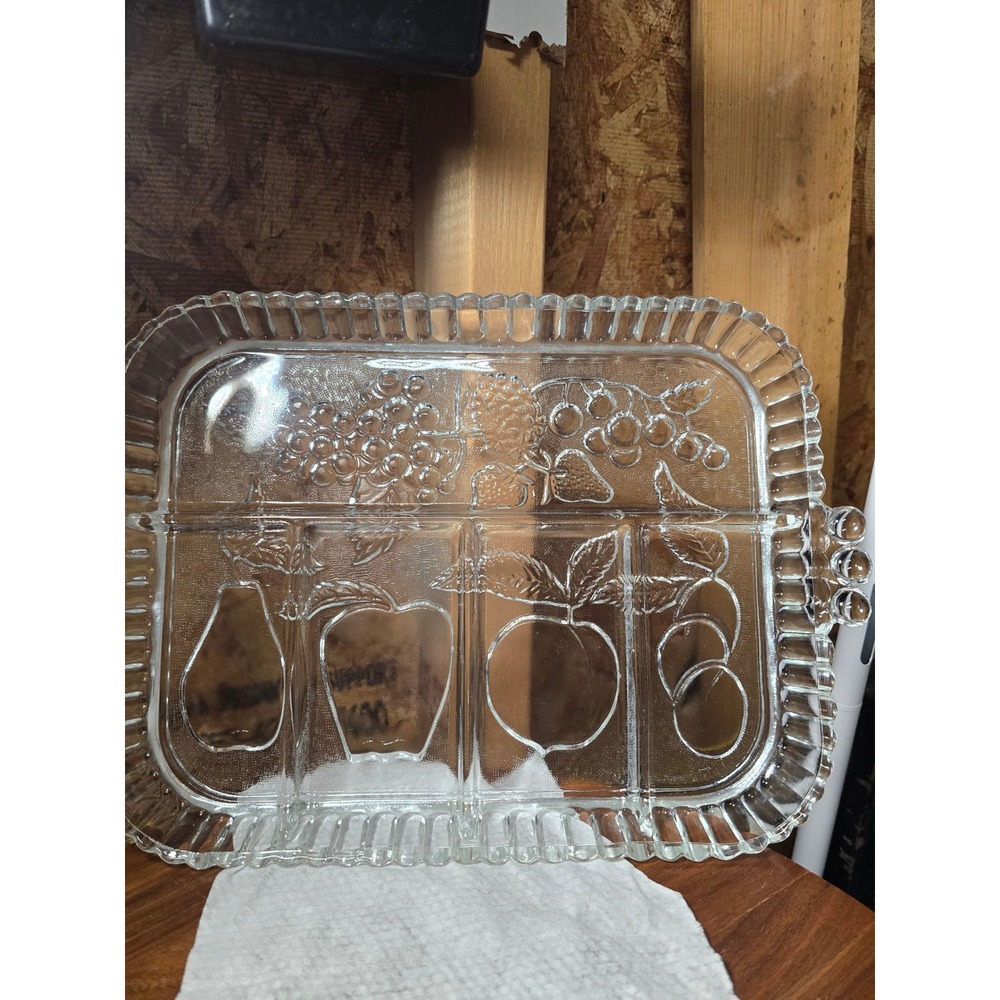 Vintage Clear Glass Divided Fruit Embossed Serving Tray Relish Dish